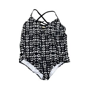 Time & Tru B&W One Piece Swimsuit with geometric crisscross, cut outs on sides